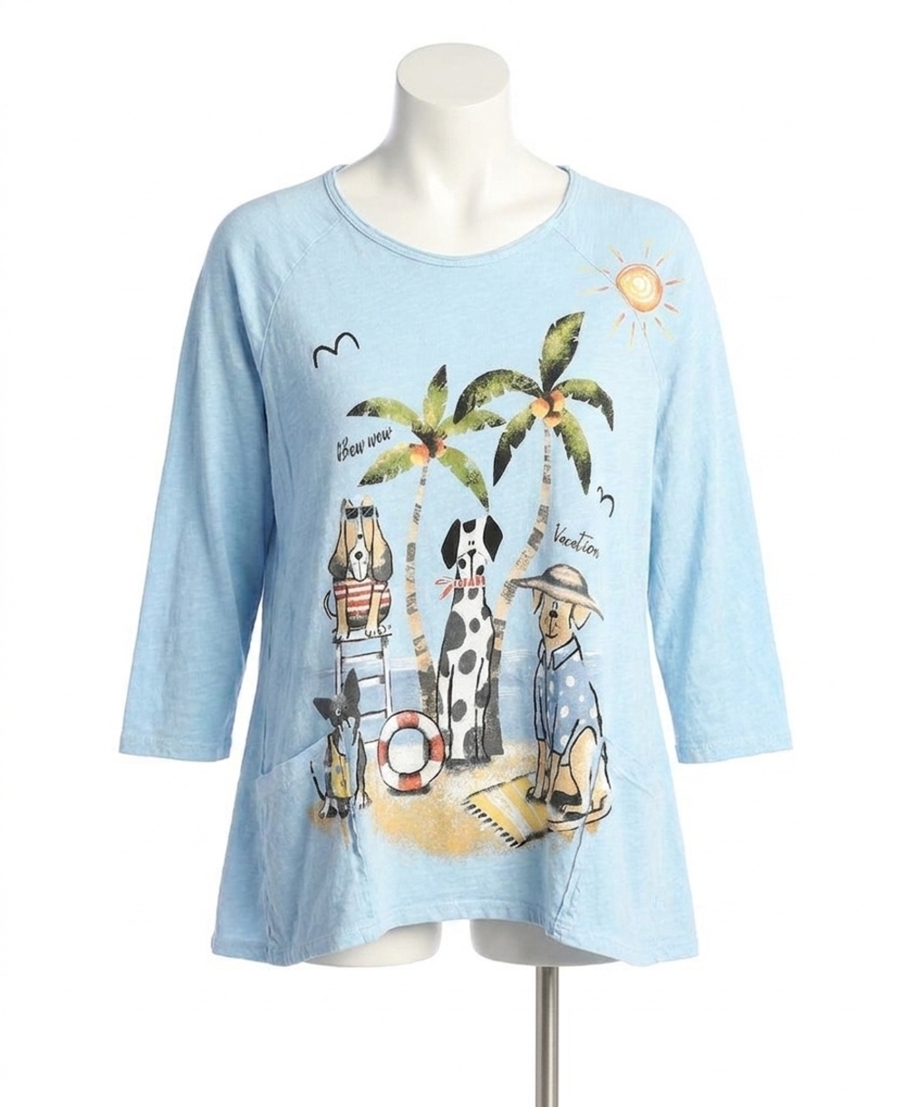 NEW JESS & JANE aloha mineral washed patch pocket cotton top in blue